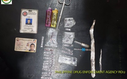 <p><strong>SHABU.</strong> Law enforcers arrest a target-listed pusher and two other drug personalities in separate operations in two villages in General Santos City on Wednesday night (Nov. 6, 2019). Photo shows the recovered shabu worth a combined PHP45,000 and other pieces of evidence. <em>(Photo courtesy of PDEA-12)</em></p>