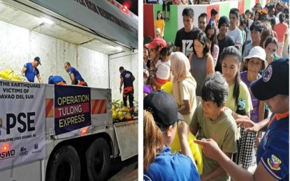 <p><strong>RELIEF AID.</strong> Quake-affected residents of Bansalan town receive relief packages from the SM Foundation and the Philippine Stock Exchange on Thursday (Nov. 7, 2019). The relief operation was held in coordination with the Office of Civil Defense, Central 911 of Davao City, and Bansalan’s local government.<em> (PNA photo by Digna Banzon)</em></p>