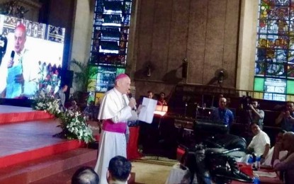 <p><strong>500 YEARS OF FAITH</strong>. Papal Nuncio to the Philippines, Archbishop Gabriele Caccia, speaks before devotees of the Sto. Niño during the open-to-public conference before the Holy Mass to mark the grand launching of the 500th anniversary of the Christian faith in the country at the Basilica Minore del Sto. Niño on Wednesday (Nov. 13, 2019). He was joined by Cebu Archbishop Jose Palma, Auxiliary Bishop Midyphil Billones and the members of the clergy in the Holy Mass.<em> (PNA photo by Fe Marie Dumaboc)</em></p>