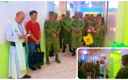 <p><strong>DRUG TESTING CENTER.</strong> Fr. Gil Asilo of the Oblates of Mary Immaculate congregation leads the inauguration and blessing (inset) of the 6th Infantry Division’s drug testing center inside Camp Siongco, Datu Odin Sinsuat, Maguindanao on Monday (Nov. 11, 2019). The center was established to ensure that soldiers of the military unit are not into drugs and fit to serve the people. <em>(Photos courtesy of 6ID)</em></p>