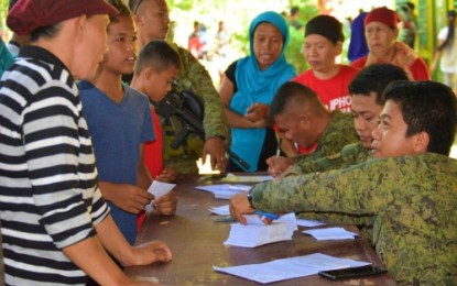 <p><strong>HEALTH MISSION.</strong> Soldiers of the Army's 602nd Infantry Brigade help bring health services to far-flung Barangay Dungguan, Datu Montawal, Maguindanao on Wednesday (Nov. 13, 2019) together with Team Jesus, a Manila-based non-government organization. A total of 1,032 indigents benefited from the mission in the village often rocked by recurring armed hostilities involving Moro families locked in clan wars emanating from land disputes. <em>(Photo courtesy of 602Bde)</em></p>