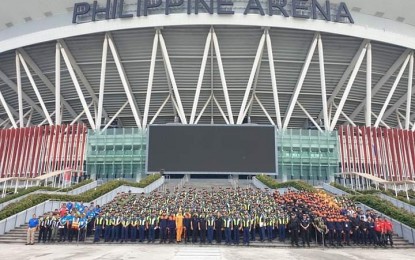 <p><strong>QUAKE DRILL.</strong> Personnel of the Bulacan Disaster Risk Reduction Management Office, Bureau of Fire Protection and Bulacan Police Provincial Office hold an earthquake drill at the Philippine Arena in Bocaue, Bulacan on Thursday (Nov. 14, 2019). This is part of the 4th Quarter National Simultaneous Earthquake Drill and in preparation for the opening of the South East Asian Games on Nov. 30, 2019. <em>(Photo courtesy of the Bulacan Police Provincial Office)</em></p>