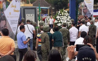 <p><strong>YOUNG HERO</strong>. Local officials and folks celebrate the 144th birth anniversary of Gen. Gregorio del Pilar in Plaza del Pilar in Bulakan, Bulacan on Thursday (Nov. 14, 2019). Del Pilar, the young general who fought against Spanish rule, was born on Nov. 14, 1875 in Barangay San Jose, Bulakan, Bulacan. <em>(Photo by Manny Balbin)</em></p>