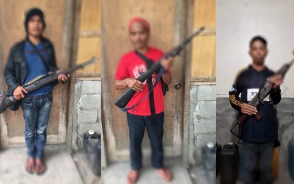 <p><strong>SURRENDER.</strong> Five more New People’s Army rebels from South Cotabato and Sarangani provinces surrendered last Tuesday (Nov. 12, 2019) to the Army’s 27th Infantry Battalion following a series of negotiations. Photo shows three of the five surrenderers who yielded along with high-powered firearms. <em>(Photo courtesy of the 27IB)</em></p>