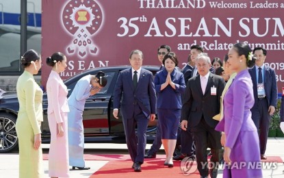 <p>This file photo, dated Nov. 5, 2019, shows President Moon Jae-in arriving in Bangkok to attend Asean-hosted summits. <em>(Yonhap)</em></p>