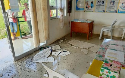 <p><strong>DAMAGED. </strong>The damaged portion of Barangay Kibogtok's health center in Kadingilan town, Bukidnon, the epicenter of the 5.9 magnitude earthquake that also rocked other parts of Mindanao Monday evening (Nov, 18, 2019). The town and several other municipalities declared suspension of classes due to the earthquake. <em>(Photo courtesy of Kadingilan MDRRMC)</em></p>
