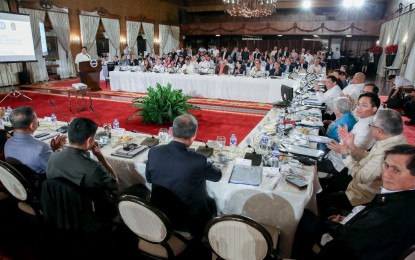 <p><strong>COMMAND CONFERENCE.</strong> President Rodrigo Roa Duterte presides over the Joint National Task Force to End Local Communist Armed Conflict and the Armed Forces of the Philippines-Philippine National Police (AFP-PNP) Command Conference at the Malacañan Palace Monday (Nov. 18, 2019). Duterte emphasized the need for the government to focus on "conflict-prone" communities in an effort to stop the decades-old communist insurgency in the country. <em>(Presidential photo by Albert Alcain)</em></p>