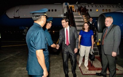 <p><strong>US DEFENSE CHIEF IN PH.</strong> US Defense Secretary Mark Esper exchange pleasantries with ranking security officials upon his arrival in Manila on Tuesday (Nov. 19, 2019). Esper met with his Filipino counterpart, Department of National Defense Secretary Delfin Lorenzana, to discuss issues of mutual concern including on security. <em>(Photo courtesy of the US Secretary Defense Facebook page)</em></p>