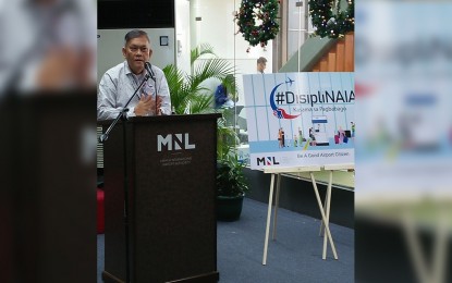 <p><strong>#DisipliNAIA</strong>. Manila International Airport Authority (MIAA) general manager Ed Monreal says the campaign aims to lessen the stress of air travelers. He is also encouraging all his fellow employees, as well as NAIA occupants, to do their part, during the #DisipliNAIA campaign launch at NAIA on Wednesday (Nov. 20, 2019). (<em>PNA photo by Cristina Arayata</em>) </p>