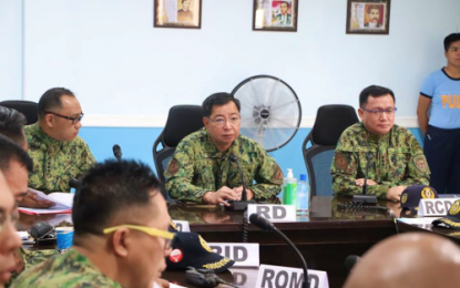 <p><strong>COMMAND CONFERENCE. </strong>Brig. Gen. Alfred Corpuz (center), director of the Police Regional Office 12 (Soccsksargen), presides over a command conference at Camp Fermin Lira in General Santos City on Friday (Nov. 22, 2019). During the meeting, Corpuz ordered the relief of six town police chiefs from North Cotabato, and two municipal chiefs from South Cotabato province. <em>(Photo courtesy of PRO-12)</em></p>