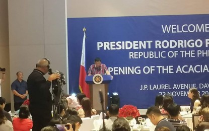 <p><strong>CORRUPT OFFICIALS WARNED.</strong> President Rodrigo Duterte reiterates his call to the public to report government officials or employees who are engaged in corrupt activities, especially those asking for money in exchange for government services. Speaking at the opening of the Acacia Hotel Davao in Davao City on Friday (Nov. 22, 2019), Duterte conceded that the processing of documents in the government remains prone to corruption and that the public should help the government stamp out corruption. <em>(Photo grabbed from PTV)</em></p>