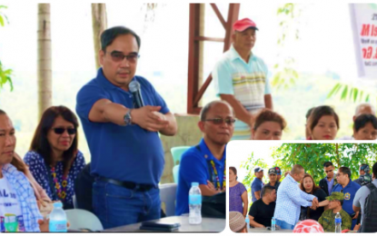 <p><strong>MAGUINDANAO MASSACRE COMMEMORATION.</strong> Presidential Task Force on Media Security (PTFoMS) Executive Director Joel Egco tells relatives of Maguindanao massacre victims that he is hoping for conviction of the carnage perpetrators. Egco (inset right) arrived at the massacre site in Sitio Masalay, Barangay Salman, Ampatuan, Maguindanao to join Maguindanao Rep. Esmael “Toto” Mangudadatu (left) and victims' kin in commemorating the massacre. <em>(Photo courtesy of PTFoMS)</em></p>