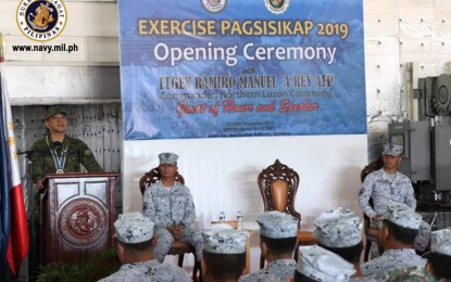 <p><strong>EXERCISE 'PAGSISIKAP'.</strong> Northern Luzon Command (Nolcom) head Lt. Gen. Ramiro Manuel A. Rey delivers his keynote address at the opening ceremony of the 'PAGSISIKAP 2019' at the Subic Bay Metropolitan Authority on Sunday (Nov. 24, 2019). Participants in this exercise include 350 sailors, 160 marines and 70 reservists from the Naval Reserve Center Northern Luzon. <em>(Photo courtesy of Naval Public Affairs Office)</em></p>