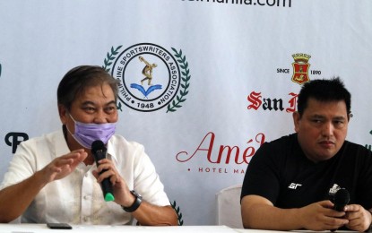<p><strong>FOOTBALL ASSISTANCE</strong>. Philippine Football Federation (PFF) president Nonong Araneta and Azkals team manager Dan Palami grace the Philippine Sportswriters Association (PSA) Forum at Amelie Hotel Tuesday (Nov. 26, 2019). Araneta said the country’s football sports community is chipping in to address some issues hounding the 30th SEA Games football competition. (<em>PSA photo)</em></p>