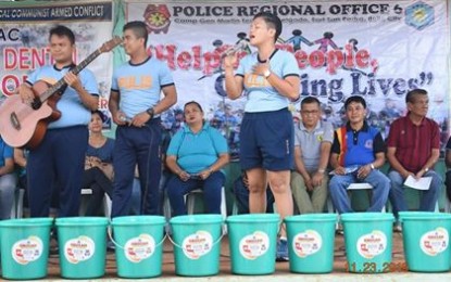 <p><strong>EARLY HOLIDAY TREAT.</strong> The Mandirigmang Mang-aawit of the Police Regional Office 6 (PRO 6) holds a concert during the gift-giving and medical and dental mission in Barangay Magsaysay, Culasi, Antique on Nov. 23, 2019. The activity was organized by the PRO 6 Ladies Club together with the Provincial Task Force to End Local Communist Armed Conflict as an early Christmas treat for barangays affected by the Communist Party of the Philippines -New People’s Army (CPP-NPA) terrorist group. <em>(Photo courtesy of Antique Provincial Police Office)</em></p>