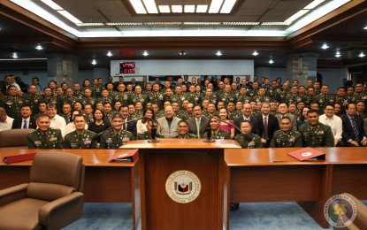 <p><strong>CONFIRMED.</strong> Some 113 senior military officers pose with the members of the Commission on Appointments after their confirmation on Wednesday (Nov. 27, 2019). The AFP said the promotion of senior officers signifies the advancement of military officers in their career as soldiers and also implies the crucial responsibilities that they have to carry in support of the AFP’s mission of protecting the people and securing the state. <em>(Photo courtesy of AFP Public Affairs Office)</em></p>