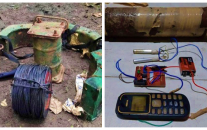 <p><strong>TERROR MATERIALS.</strong> The bomb-making materials abandoned by fleeing members of the Islamic State-inspired Bangsamoro Islamic Freedom Fighters (BIFF) following intense military operations in the interiors of Shariff Saydona Mustapha, Maguindanao on Wednesday (Nov. 27, 2019). The improvised bomb components include a “Jetmatic” water pump, claymore mines, blasting caps, electric wires, assorted nails, and black powder (left) and an 81-mm mortar round (right) attached to a cellphone as a trigger mechanism. <em>(Photos courtesy of 6ID)</em></p>