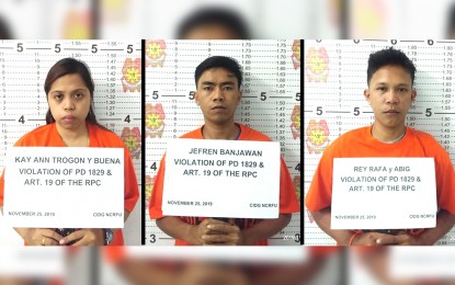 <p><strong>CHARGED.</strong> The NCRPO says the three cohorts of ranking CPP-NPA Jaime Padilla are now facing criminal charges, during their presentation in a press conference on Wednesday (Nov. 27, 2019. Kay Ann Trogon (left); Jefren Banjawan (center; and Rey Rafa (right) were arrested along with Padilla at the Cardinal Santos Medical Center in San Juan City on Monday (Nov. 25, 2019). <em>(Photo courtesy of NCRPO)</em></p>