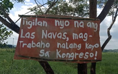 <p><strong>NO TO NPA.</strong> An anti-rebel streamer hangs in Las Navas, Northern Samar by villagers during a visit by key Bayan Muna partylist officials on Nov. 11, 2019. A top military official said they would not stop efforts to completely rid the poverty-stricken communities of Las Navas, Northern Samar from the influences of the New People’s Army (NPA) and their front organizations. <em>(Photo courtesy of Philippine Army 20th IB)</em></p>