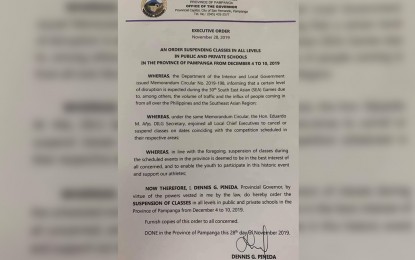 <p><strong>CLASS SUSPENSION.</strong> Governor Dennis Pineda declares the suspension of classes in all levels in both public and private schools in Pampanga from December 4 to 10 to give way for the staging of the 30th Southeast Asian (SEA) Games. Some events in the regional biennial events will be held in the province. (Photo courtesy by Pampanga provincial government)</p>