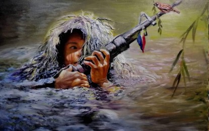 <p><strong>FOR SOLDIERS' ORPHANS</strong>. The Dynamic Art Group will stage a painting exhibit at the Camp Aguinaldo in Quezon City, depicting heroism of the soldiers of the Armed Forces of the Philippines (AFP). The proceeds from the sale of the paintings will be donated to the educational fund of the bereaved children of soldiers. (<em>'For peace' by Joemarie Chua, painting with oil on canvas)</em></p>