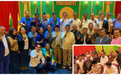<p><strong>INCLUSIVE BUDGET.</strong> Members of the Bangsamoro Transition Authority led by Bangsamoro Autonomous Region in Muslim Mindanao Chief Minister Ahod “Murad’ Ebrahim (center with black Muslim cap) flashes the peace sign after signing (inset) on Nov. 30, 2019, the PHP65.3-billion BARMM budget for the fiscal year 2020. The region’s education ministry got the biggest share of next year’s budget at PHP19 billion. <em>(Photos courtesy of BTA-BARMM)</em></p>