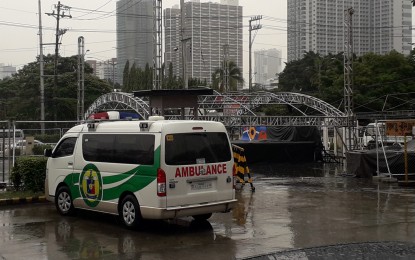 <p><strong>TYPHOON PREPARATION</strong>. Tent covers of an event platform outside the World Trade Center in Pasay City were removed in anticipation of possible typhoon onslaught. World Trade Center hosts wushu, fencing and Karatedo competitions of the ongoing 30th Southeast Asian Games. <em>(PNA photo by Jelly Musico)</em></p>
