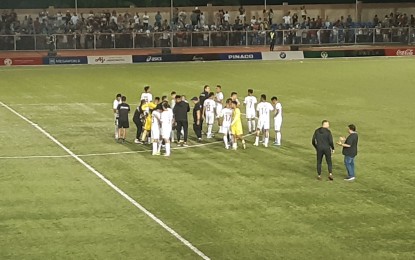 <p><strong>NO SEMIS.</strong> The Philippine under-22 Azkals condole with each other after their effort to make the SEA Games semifinals still fell short despite a 6-1 win over Timor Leste at the Biñan Football Stadium on Wednesday (Dec. 4, 2019). Cambodia defeated Malaysia, 3-1, to post a +7 goal difference compared to the U22 Azkals’ +5. <em>(PNA photo by Ivan Stewart Saldajeno)</em></p>