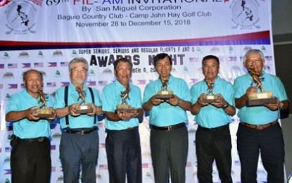 <p><strong>DEFENDERS</strong>. The Camp John Hay golf team defends the inaugural super senior crown when they plunge into action Thursday at the Baguio Country Club golf course. Former Baguio mayor Mauricio Domogan (3rd right) will also defend the over-all individual super seniors' crown. <em>(Photo courtesy of Fil-Am golf)</em></p>