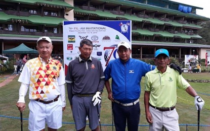 <p><strong>FOURSOME</strong>. Friendly competition from the four teams in the Seniors Championship flight, all of them held the title at least once. The four who were on the same flight : (from left) defending champion’s Bing Bunye, Manila Southwoods’ Bong Sison, pacesetting Luisita’s Rodel Mangalubnan and Camp John Hay’s Fred Puckett. <em>(PNA photo courtesy of Fil-Am golf)</em></p>