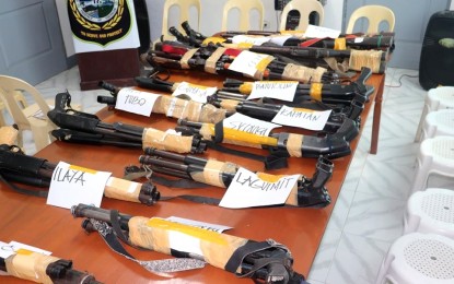 <p><strong>UNDOCUMENTED GUNS.</strong> Barangay officials of Glan town, Sarangani province turn over to police authorities on Friday (Dec. 6, 2019) at least 172 “undocumented” high-powered firearms (in photo) that were previously issued by the government. Former and current officials of the town’s 31 barangays decided to give up the firearms in the wake of the government’s crackdown against loose firearms. <em>(Photo courtesy of the Glan municipal government)</em></p>