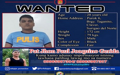 <p><strong>MANHUNT.</strong> The Agusan del Sur Police Provincial Office is conducting a manhunt against Patrolman Jhon Paul Gerida. Gerida, a member of 2nd Agusan del Sur Provincial Mobile Force Company, allegedly shot and seriously wounded his superior office on Friday night (December 6). <em>(Photo courtesy of Agusan del Sur Provincial Police Office)</em></p>