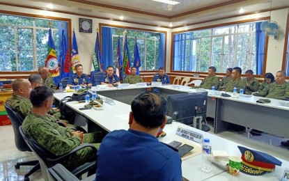 <p><strong>BOARD MEETING.</strong> Officials of the Armed Forces of the Philippines (AFP) and Philippine National Police (PNP) attend an area clearing validation board meeting on the community support program-white area operation of the 5th Infantry Battalion covering Region 2 and the Cordillera Administrative Region on Friday (Dec. 6, 2019) at Camp Bado Dangwa in La Trinidad, Benguet. PNP officer in charge, Lt. Gen. Archie Francisco Gamboa and Northern Luzon Command (Nolcom) Deputy for Operations, Brig. Gen. Gen. Ramon Evan Ruiz joined the meeting as part of the collaboration of the two agencies towards ending local communist armed conflict. <em>(PNA photo courtesy of PROCOR-PIO)</em></p>