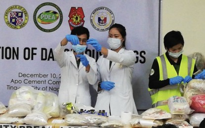 <p><strong>DESTROYED.</strong> Chemists of the Philippine Drug Enforcement Agency (PDEA-7) conduct Simon's test on samples of methamphetamine hydrochloride (shabu) which are part of the PHP192.2-million worth of illegal drugs before their destruction burning them in a thermal incineration chamber of the Apo Cemex Plant in Naga City, Cebu on Tuesday (Dec. 10, 2019). Regional Trial Court-Cebu City Executive Judge Macaundas Hadjirasul said the destruction of the dangerous drugs "speaks some kind of an end to speculations that evidence in the government (custody) have been tampered with." <em>(PNA photo by John Rey Saavedra)</em></p>