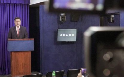 <p><strong>‘GRAMO’.</strong> Presidential Communications Operations Office (PCOO) Secretary Martin Andanar delivers his message during the special screening with media of a documentary “Gramo” at the New Executive Building in Malacañang on Wednesday (Dec. 11, 2019). Gramo is an hour-long documentary which shows the gains and challenges of the government campaign against illegal drugs.<em> (Photo courtesy of PCOO)</em></p>