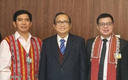 <p>Commissioners Atty Norberto M. Navarro (right) and Gaspar Cayat (left), of the National Commission on Indigenous Peoples, with Ambassador Evan P. Garcia, Philippine Permanent Representative to the United Nations (UN) in Geneva, during the annual UN Forum on Business and Human Rights in Geneva, Switzerland on Nov 27, 2019 (<em>NCIP photo)</em></p>