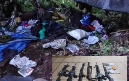 <p>File photo of the rebel hideout discovered by the military in Misamis Oriental along with the seized firearms. <em>(Photo courtesy Eastmincom)</em></p>