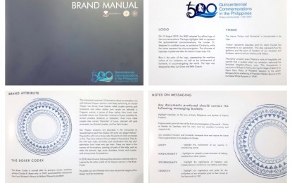 <p><strong>QUINCENTENNIAL BRAND MANUAL</strong>. The combo photo shows the cover and selected pages of the brand manual released by the Presidential Communications Operations Office (PCOO) as guide in commemorating the Philippine Quincentennial Commemoration of the world circumnavigation starting Saturday (Dec. 14, 2019) up to the next 500 days toward 500th anniversary on Apr.27, 2021. The brand manual will serve as a guide for local government units and agencies in crafting activities related to the commemoration of the victory of the Battle of Mactan. <em>(PNA photo by John Rey Saavedra)</em></p>