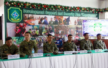 <p><strong>WINNING THE WAR</strong>. The Philippine Army in Caraga Region reports its achievements in 2019, including significant decline on the New People’s Army’s controlled areas in the region, in a press conference at the 402nd Infantry Brigade headquarters in Butuan City on Saturday (Dec. 14, 2019). Present are (from left) Lt. Col. Isagani O. Criste, commander of 29IB; Lt. Col. Jezreel J. Diagmel, commander of 36IB; Col. Allan D. Hambala, commander of 401 IBde; Brig. Gen. Maurito L. Licudine, commander of 402 IBde, Col. Cerilo C. Balaoro, deputy commander of 402 IBde, Lt. Col. Jeffry O. Villarosa, commander of 30IB. (PNA photo by Alexander Lopez)</p>