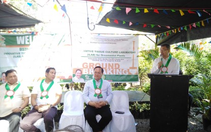 <p><strong>TISSUE CULTURE LAB</strong>. Department of Science and Technology Secretary Fortunato T. Dela Peña delivers his message as Guiguinto Mayor Mayor Ambrosio Cruz, Bulacan Gov. Daniel Fernando and DOST-3 Regional Director Julius Caesar V. Sicat, (from left to right) look on, during the groundbreaking ceremony of the 1st in Bulacan Innovative Tissue Culture Laboratory (iLAB) for Ornamental Plants in Barangay Sta. Cruz, Guiguinto, Bulacan on Wednesday (Dec. 18, 2019). The laboratory is expected to improve the town's conventional production practices to an advanced and faster way of tissue culture. <em>(Photo by Manny Balbin)</em></p>