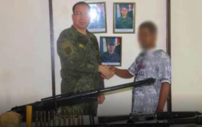 <p><strong>PEACEFUL SURRENDER.</strong> Lt. Col. Glen Caballero, the Army’s 34th Infantry Battalion commander, welcomes one of the two ranking leaders of the Bangsamoro Islamic Freedom Fighters who yielded to government forces in Northern Kabuntalan, Maguindanao on Thursday (Dec. 19, 2019). The BIFF surrenderers say they want to live peaceful lives once more together with their families. <em>(Photo courtesy of 34IB)</em></p>