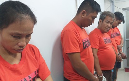 <p><strong>GUILTY.</strong> Four of the five persons sentenced to life imprisonment for transporting PHP600 million worth of illegal drugs in Gandara, Samar during a presentation to reporters on Oct. 18, 2019, a day after their arrest. Each one was ordered to pay a PHP5 million fine.<em> (PNA photo by Sarwell Meniano) </em></p>