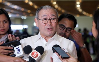 <p><strong>'PERFECT.'</strong> Foreign Affairs Secretary Teodoro Locsin, Jr. speaks to reporters at the NAIA Terminal 1 after welcoming a group of repatriates from Lebanon on Wednesday (Dec. 25, 2019). He called the relationship between the US and the Philippines "perfect" amid US President Donald Trump's signing of the US 2020 budget which includes an amendment authorizing the US secretary of state to stop the US entry of those behind Sen. Leila de Lima’s detention. <em>(Photo by Joey Razon)</em></p>