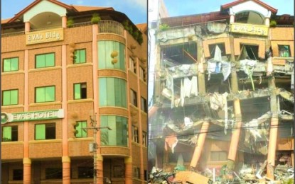 <p><strong>QUAKE DAMAGED.</strong> The estimated PHP750-million Eva’s Hotel in Kidapawan City before and after it was damaged by the series of quakes that hit North Cotabato in October to November this year. The damaged hotel is set for demolition during the first quarter of 2020 as it continues to pose danger to the public. <em>(Photo courtesy of NDBC Kidapawan)</em></p>
