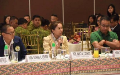 <p><strong>ANTI-COMMUNISM SUPPORT.</strong> North Cotabato Governor Nancy Catamco stresses a point during the year-end meeting of Soccsksargen’s regional peace and order council (RPOC) in Koronadal City on Thursday (Dec. 26, 2019). During the meeting, the RPOC passed a resolution expressing all-out support to President Rodrigo Duterte’s Executive Order No. 70, more known as the “whole of nation approach” in addressing communist insurgency. <em>(Photo courtesy of Governor Catamco office)</em></p>