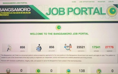 <p><strong>JOB PORTAL</strong>. The Bangsamoro Job Portal page following its launch on Monday (Dec. 23, 2019). Officials of the Bangsamoro Autonomous Region in Muslim Mindanao said the regional government has created the job portal primarily for applicants from various parts of the region as a venue where they can submit their applications, including those affected by the “phase-out” program of the BARMM for the abolished Autonomous Region in Muslim Mindanao. <em>(Screengrab from social media page of MP Zia Alonto Adiong)</em></p>