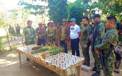 <p><strong>SEIZED.</strong> Security forces and local officials present to reporters the marijuana plants found abandoned inside a sack at a farm lot in Pagalungan, Maguindanao on Sunday (Dec. 29, 2019). It has an estimated value of PHP10,000.<em> (Photo courtesy of Pagalungan MPS)</em></p>