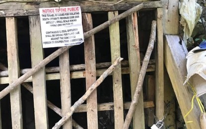 <p><strong>SHUT DOWN.</strong> The provincial government of South Cotabato closes down eight mine tunnels in a gold rush site Barangay Desawo, Tboli town for operating without licenses and permits. Photo shows one of the mine tunnels covered by the closure order, which was implemented on Dec. 27, 2019 based on order from the Provincial Mining Regulatory Board.<em> (Photo courtesy of the Provincial Environment Management Office)</em></p>