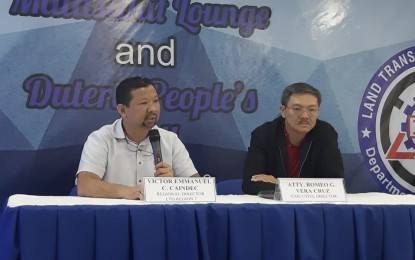 <p><strong>TRAFFIC LAW ENFORCEMENT</strong>. Land Transportation Office (LTO-7) regional director Victor Emmanuel Caindec (left on microphone) bares on Thursday (Jan. 2, 2020) the challenges in enforcing traffic laws in Central Visayas. Caindec is seated beside LTO executive director Romero Vera Cruz during the launching of LTO-7 Malasakit Lounge in October 2019. <em>(PNA photo by John Rey Saavedra)</em></p>