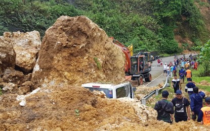 <p><strong>UNPASSABLE</strong>. A portion of the road in Binaloan village in Taft, Eastern Samar where two passenger buses and van were buried by rockfall and landslide on Jan. 3, 2020. The road section is still not passable until Monday afternoon (Jan. 6, 2020). <em>(Photo from FB page of Eastern Samar Governor Ben Evardone)</em></p>